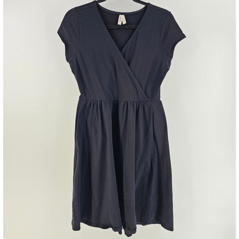 Pact Fit & Flare Dress Large Black Organic Cotton Wrap V-Neck Pockets Minimalist